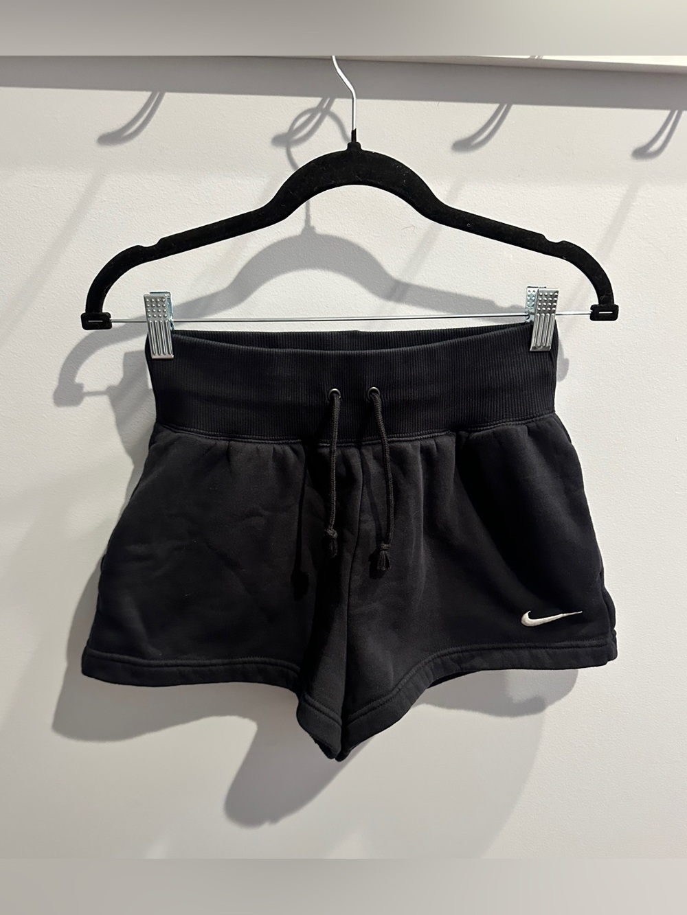 Nike Women's Black High-Rise Athletic Shorts with White Swoosh